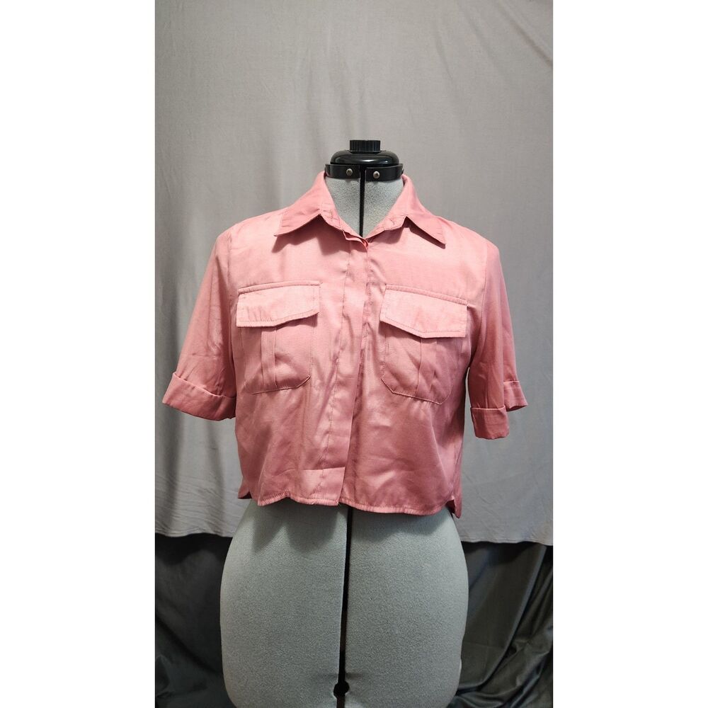 Women's Short Sleeve Light Pink Accents / Pink High Collar Button Down Top Sz L